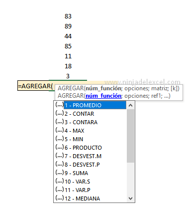 Función Agregar en Excel paso a paso