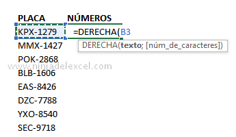 Función Derecha en Excel