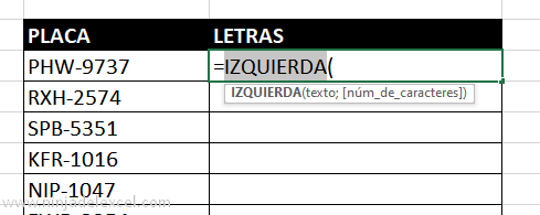 Función Izquierda en Excel