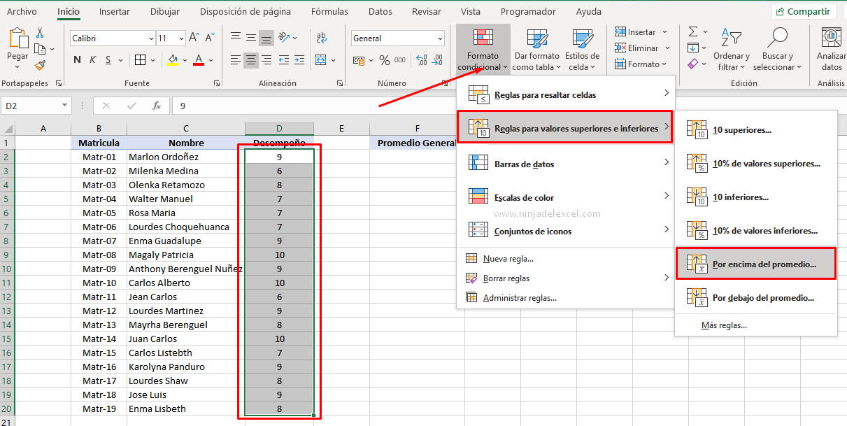 Buscar Formato Condicional Superior al Promedio en Excel