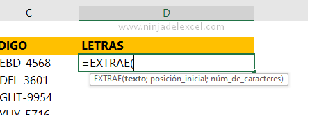 Función EXTRAE en Excel
