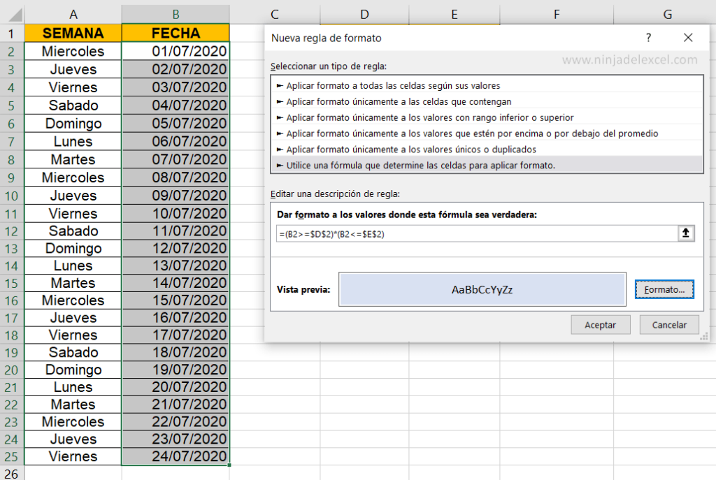 Destacar Días Trabajados y los Fines de Semana en Excel - Ninja del Excel