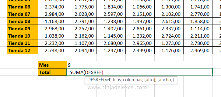Función DESREF en Excel
