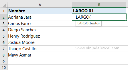 Función LARGO en Excel