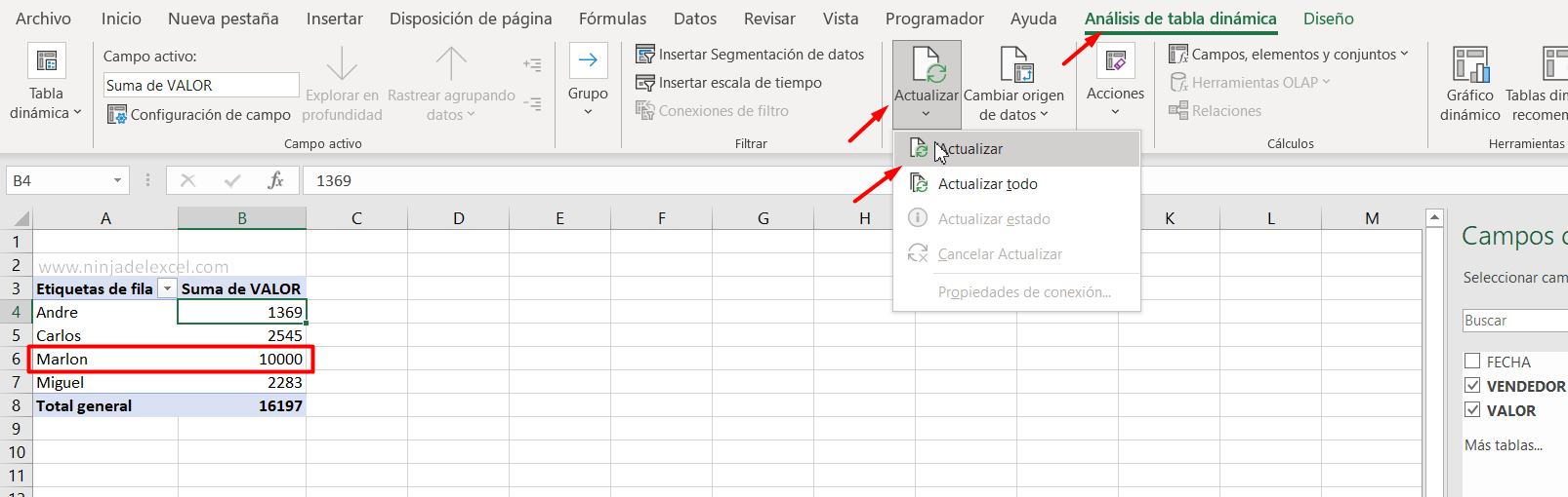 Actualizar Tabla Dinámica en Excel paso a paso