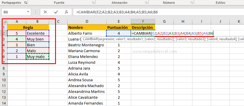 Aplicar Función CAMBIAR en Excel