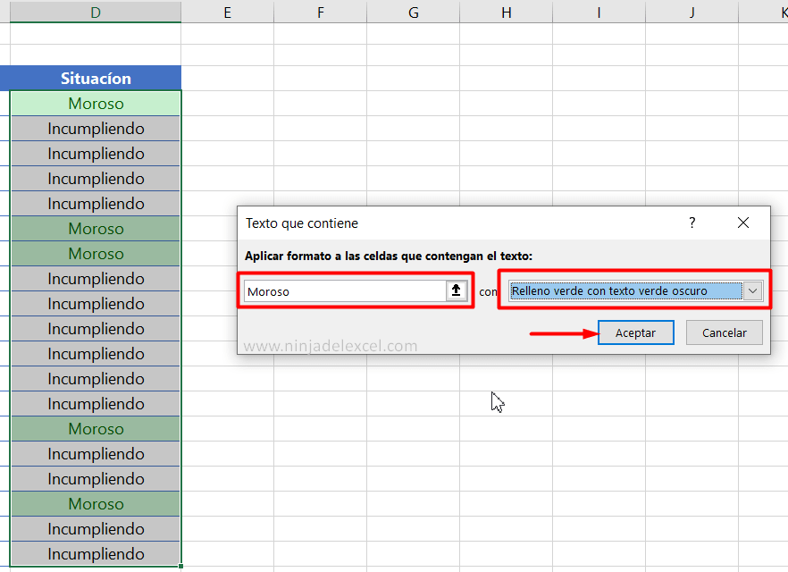Como hacer Formato Condicional de Texto en Excel