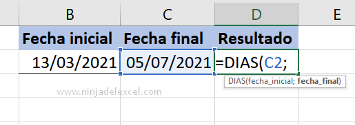 la función DIAS en Excel paso a paso