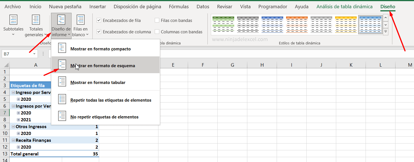 hacer Diseño de Tabla Dinámica de Excel