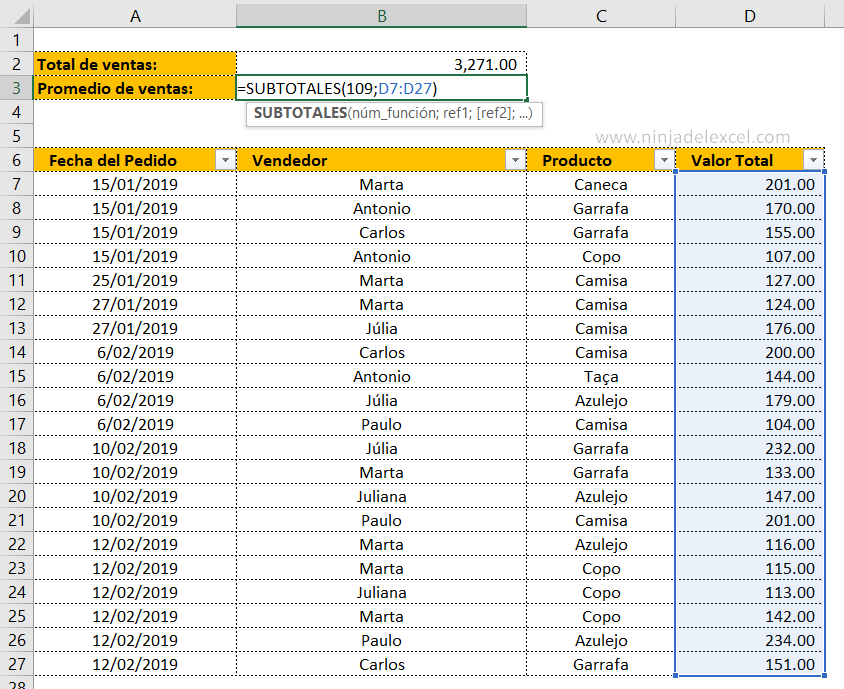 Función SUBTOTALES en Excel en la practica