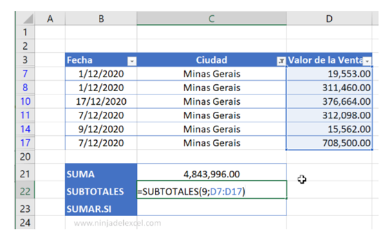 Sumar Datos Filtrados en Excel Función de SUBTOTALES en la practica