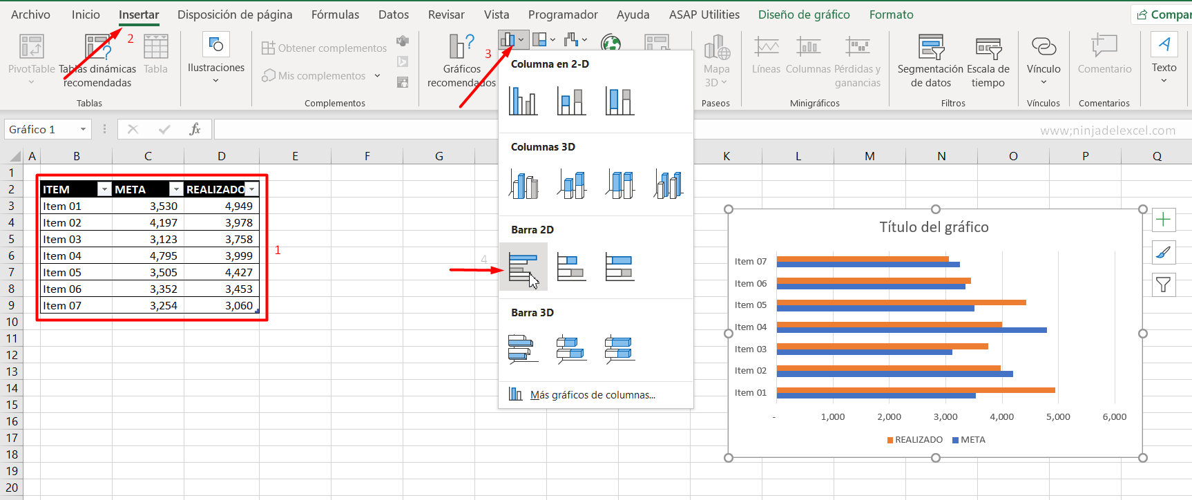 Gráfico Meta vs Realizado en Excel tutorial