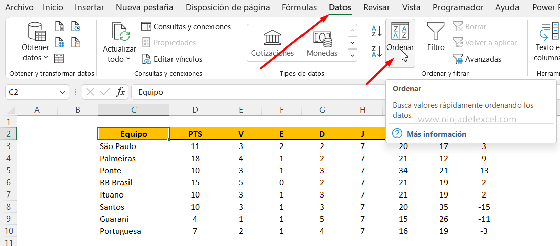 Clasificación del Campeonato en Excel