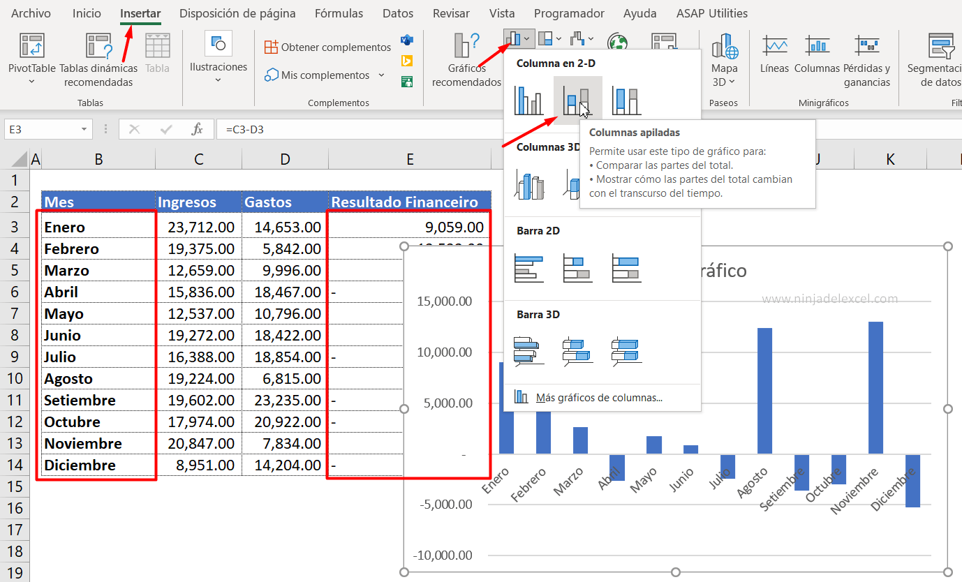 Como crear Gráfico de Ingresos vs Gastos en Excel