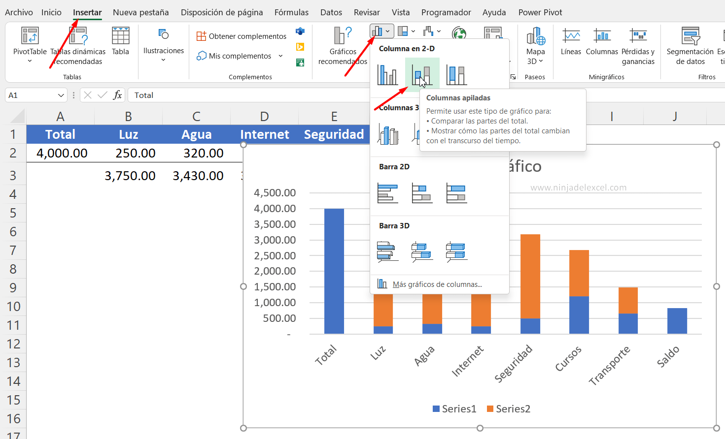 Como hacer Gráfico de Cascada en Excel