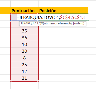 Función JERARQUIA.EQV en Excel