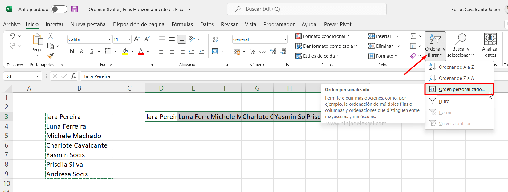Sepa Ordenar Filas Horizontalmente en Excel