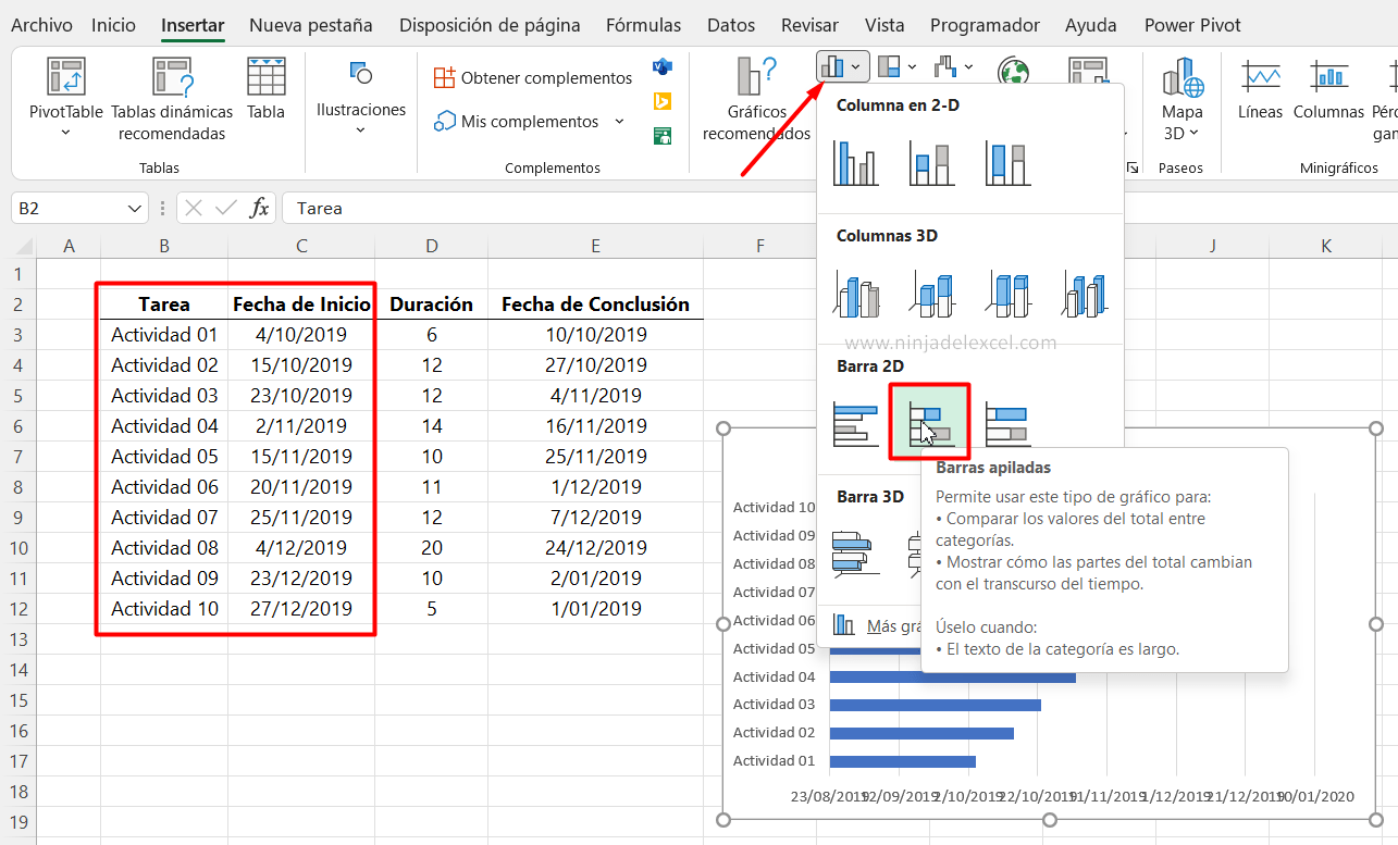 Diagrama de Gantt en Excel