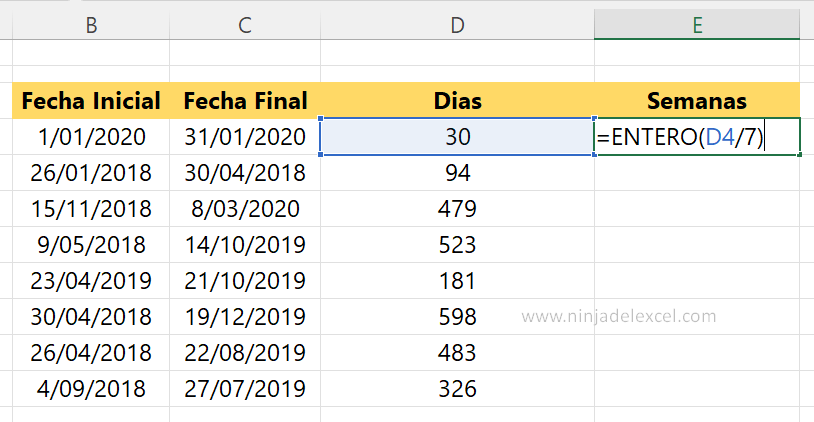 Calcular Semanas en Excel paso a paso