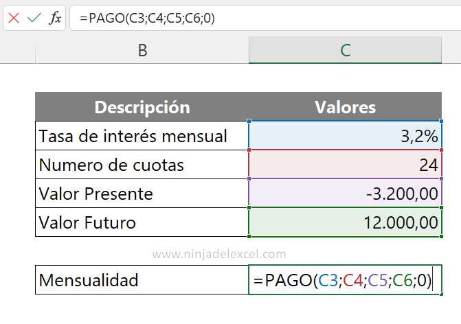 Función PAGO en Excel paso a paso