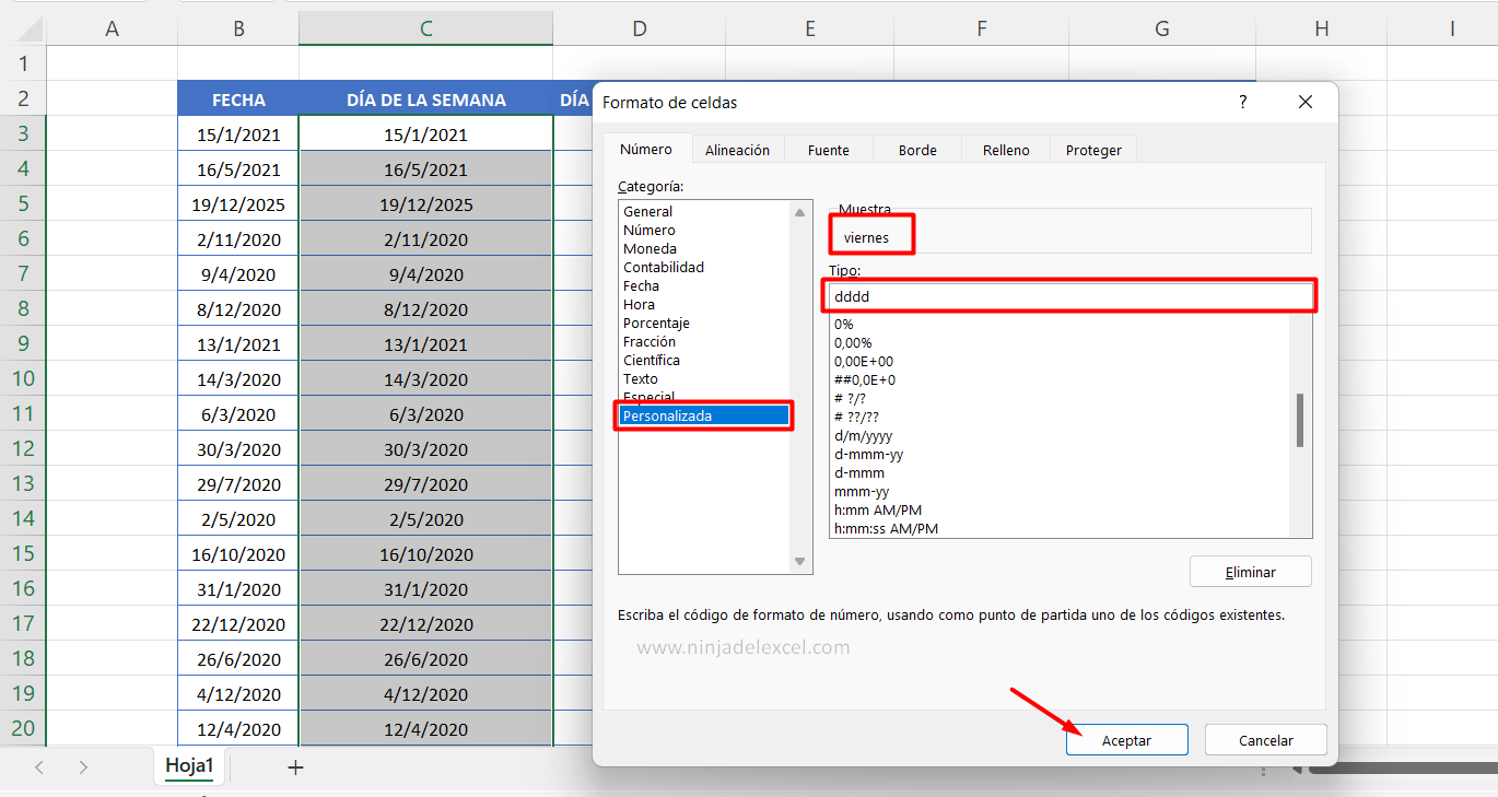 Día de la Semana en Excel paso a paso