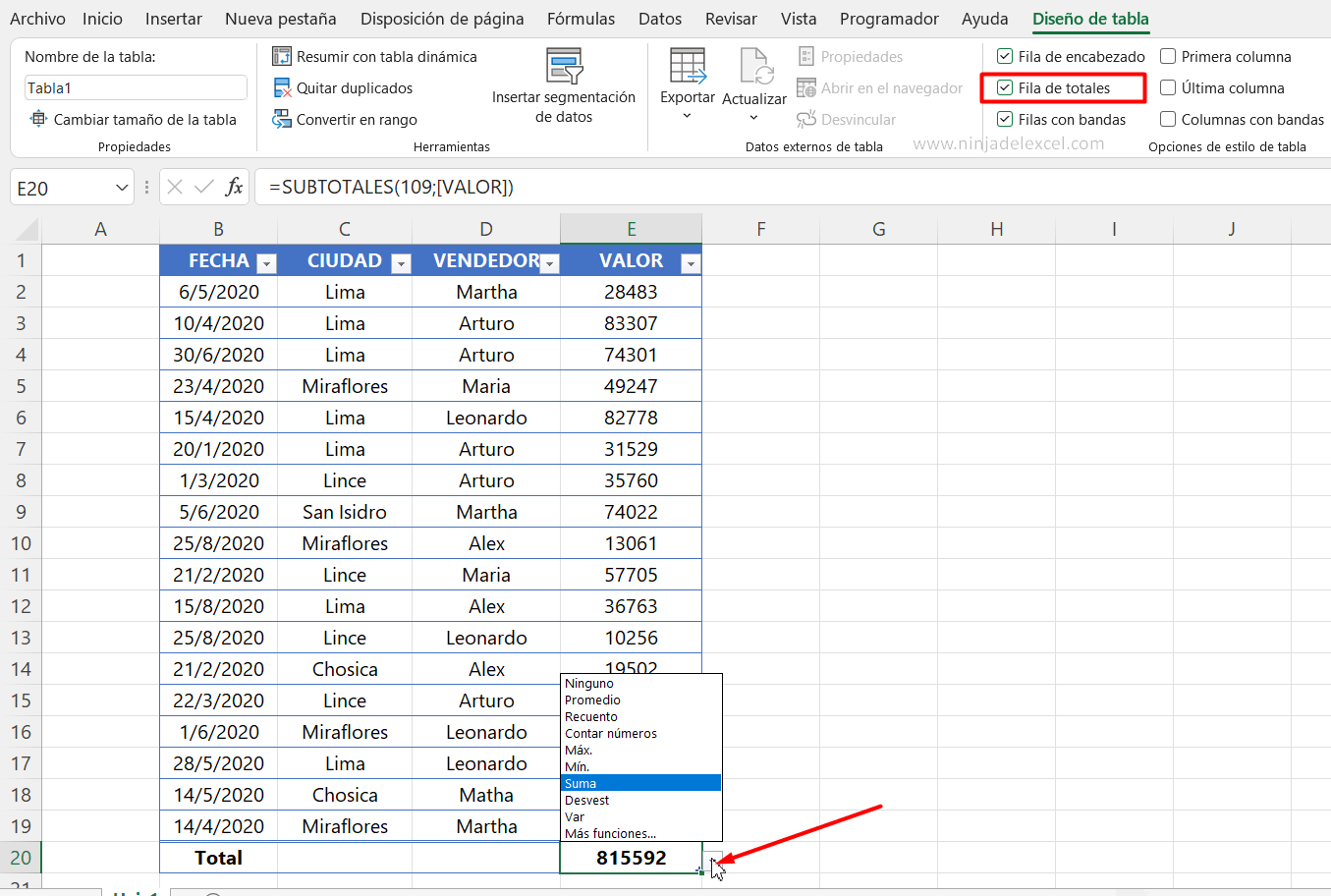 Opciones de Tabla en Excel