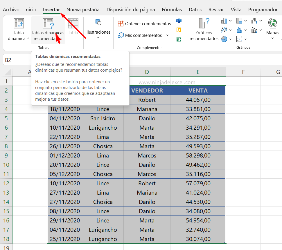 Tablas Dinámicas Recomendadas en Excel paso a paso