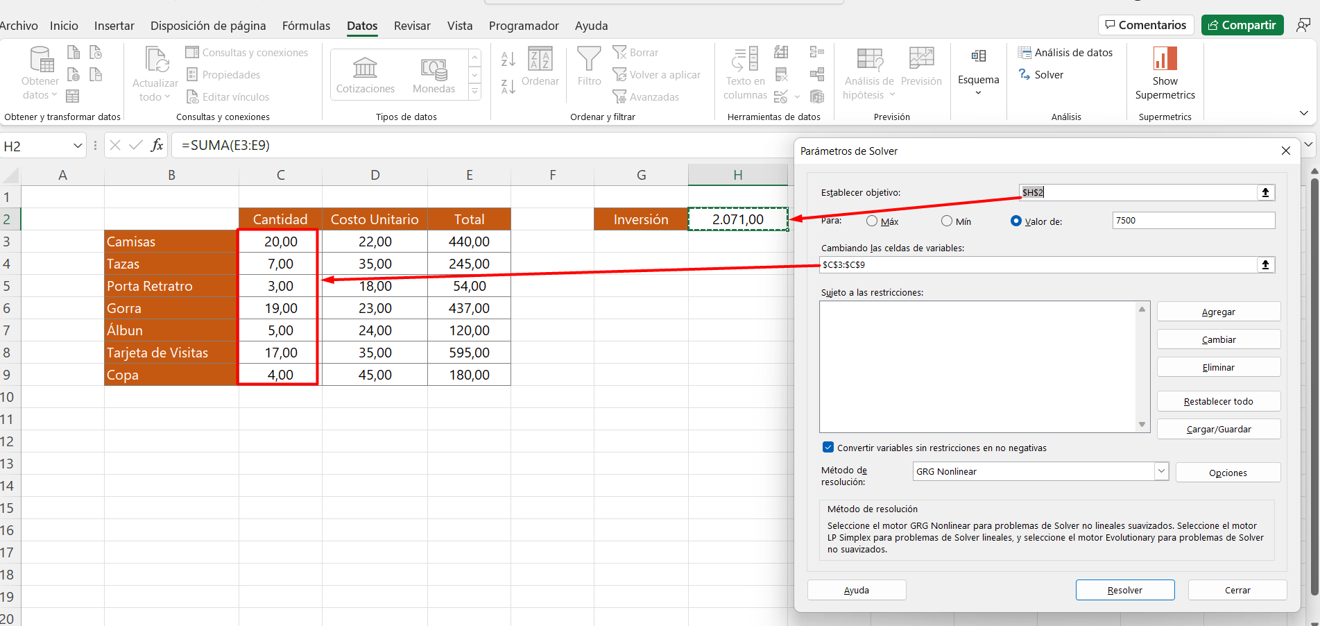 Usar Solver en Excel