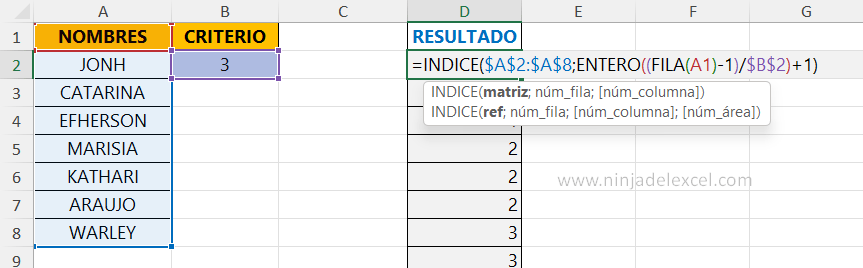 Aprenda Como repetir Nombres a Través de un índice en Excel
