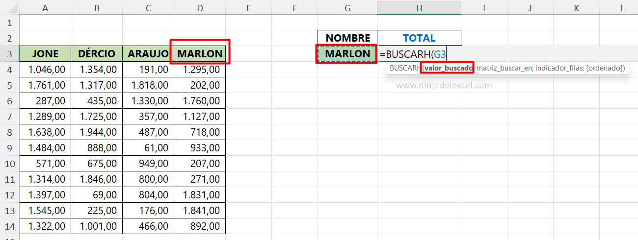 Función BUSCARH para Sumar Valores en Excel