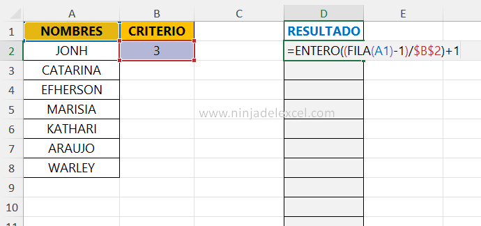 Repetir Nombres a través de un índice en Excel en la practica