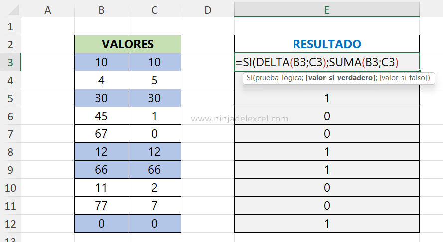 Como Usar la Función DELTA en Excel