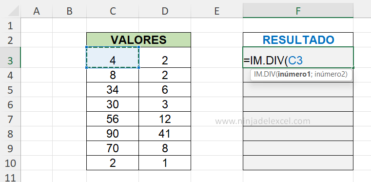 Como Usar la Función IM.DIV en Excel