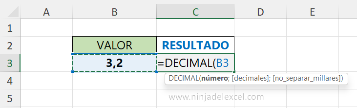 Función DECIMAL en Excel paso a paso