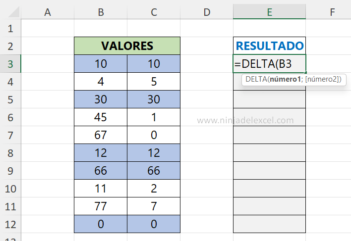 Función DELTA en Excel paso a paso