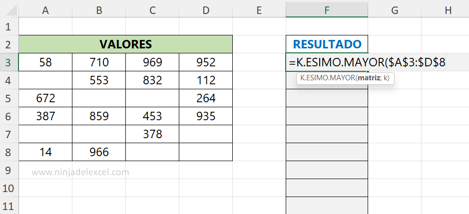 Función K.ESIMO.MAYOR en Excel paso a paso