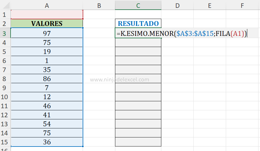 Ordenar Valores con la Función K.ESIMO.MENOR en Excel tutorial