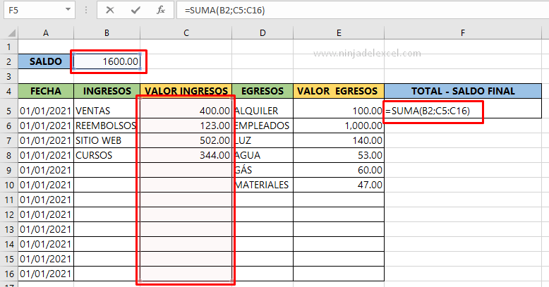 Cálcular Ingresos y Egresos en Excel paso a paso