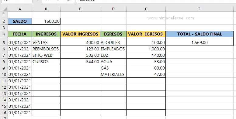 Cálcular Ingresos y Egresos en Excel