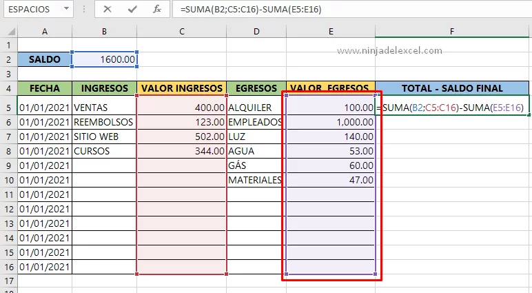 Cálcular Ingresos y Egresos en Excel (Download) - Ninja del Excel