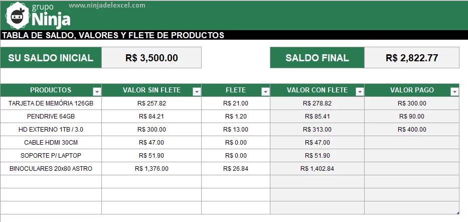 Plantilla de Saldo Inicial y Final en Excel