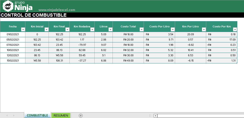 Plantilla de Control de Combustible en Excel
