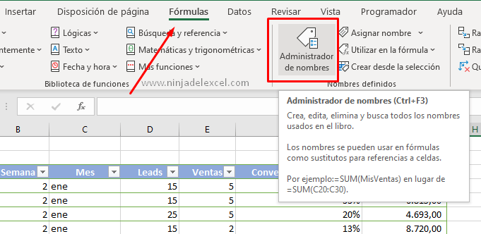 Administrador de Nombres en Excel paso a paso