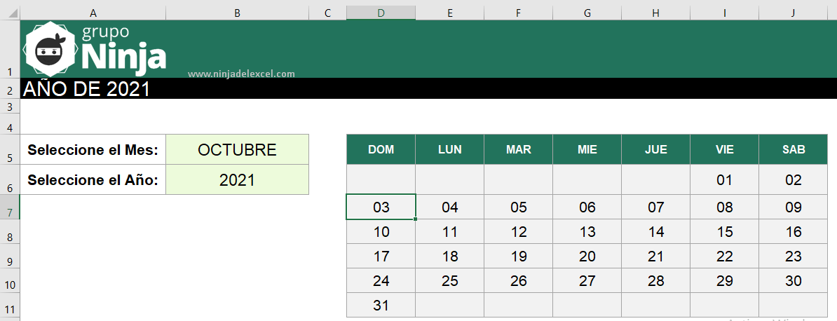 Calendario 2021 en Excel Para Descargar y Editar
