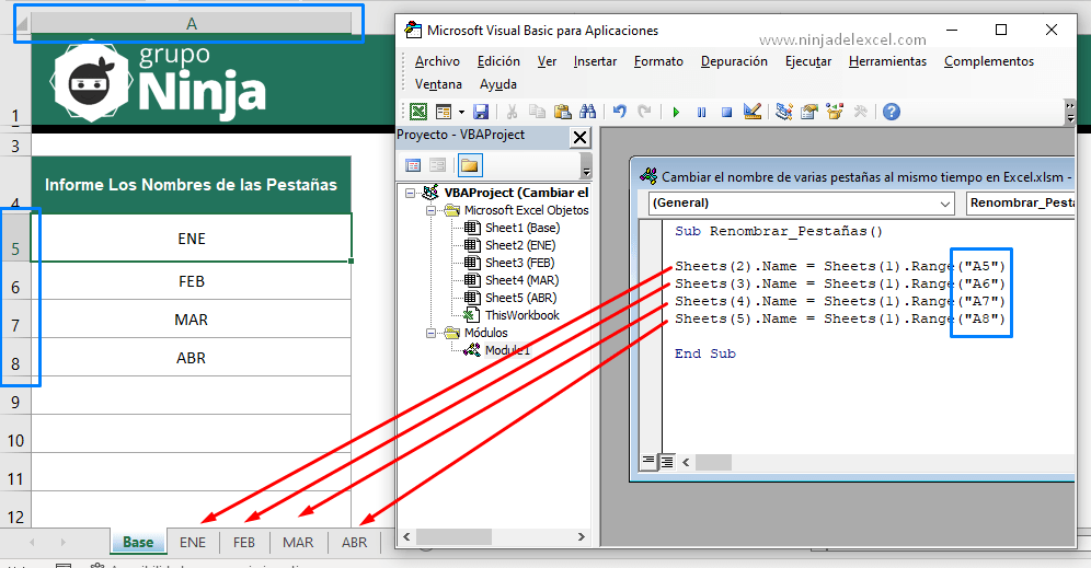 Cambiar el nombre de varias pestañas al mismo tiempo en Excel paso a paso practico