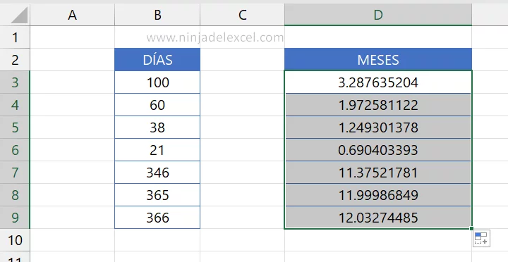 Calcular Días a Meses en Excel. paso a paso