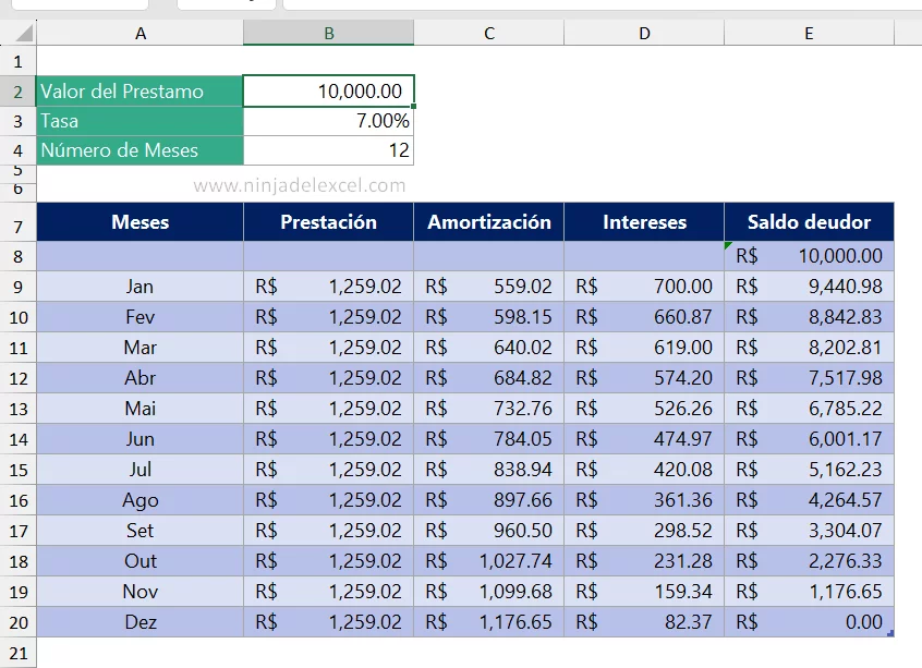 Planilla de Amortización de Préstamos en Excel