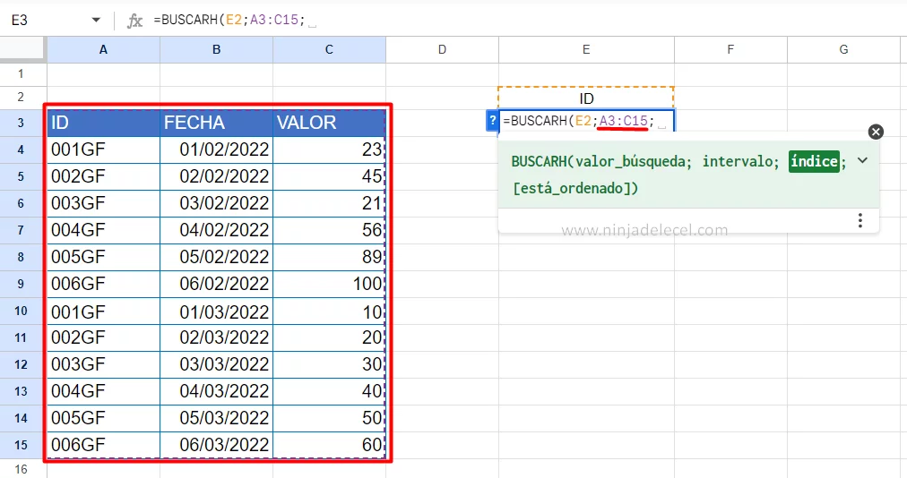 Usar BUSCARH en Google Sheets