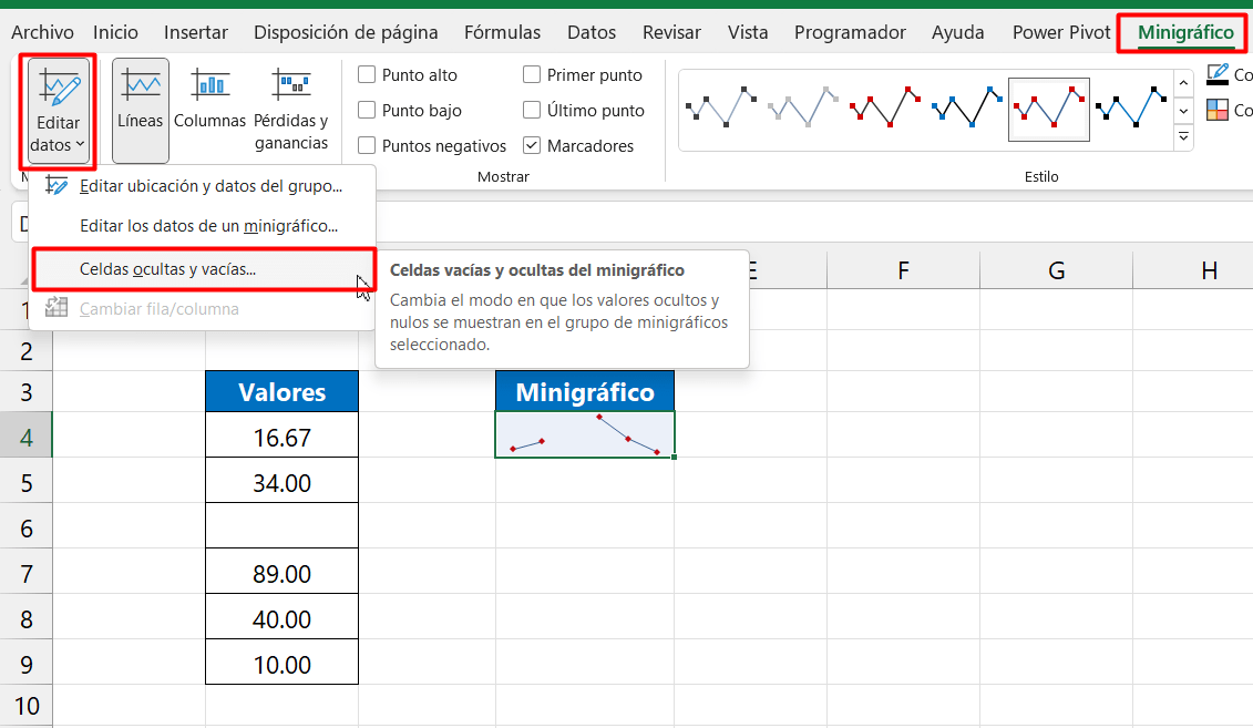 Configurar Celdas Vacías en Minigráficos en Excel paso a paso