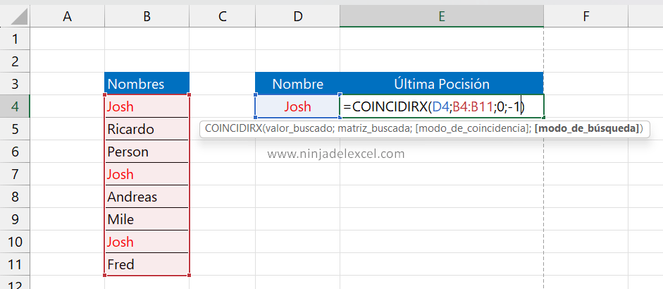 Última Posición con la Función COINCIDIRX en Excel paso a paso